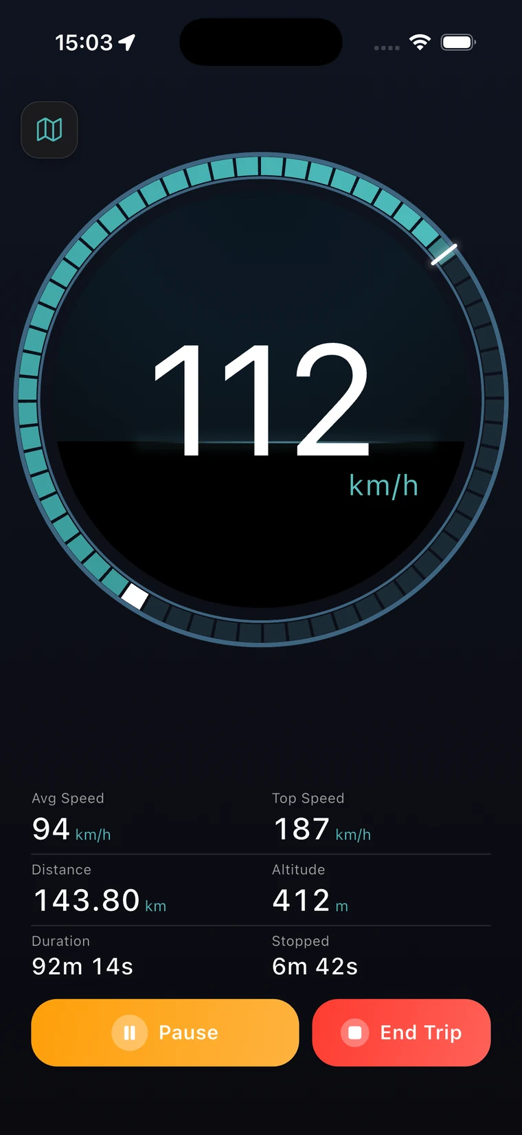 Enroad part-way through recording a drive it started on its own: one big live dial fills the screen, with the drive's distance, altitude, duration and stopped time listed under it and pause and end-trip buttons at the bottom.