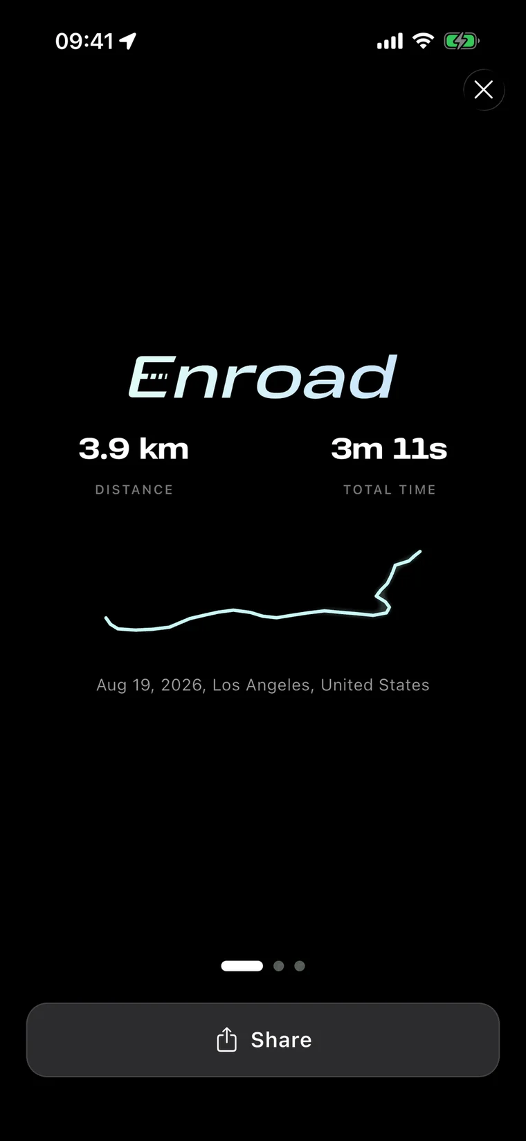 The record Enroad writes when a drive ends: the Enroad wordmark above the drive's distance and total time, the shape of the route it logged, and the date and place.